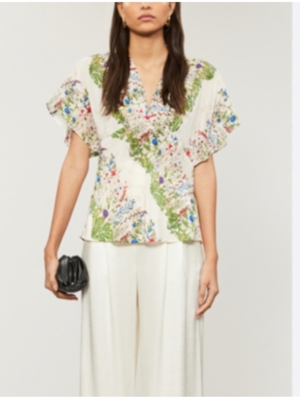 Maje Liliere Liviere 100% Silk Crepe de Chine Ivory Green Floral Blouse S
